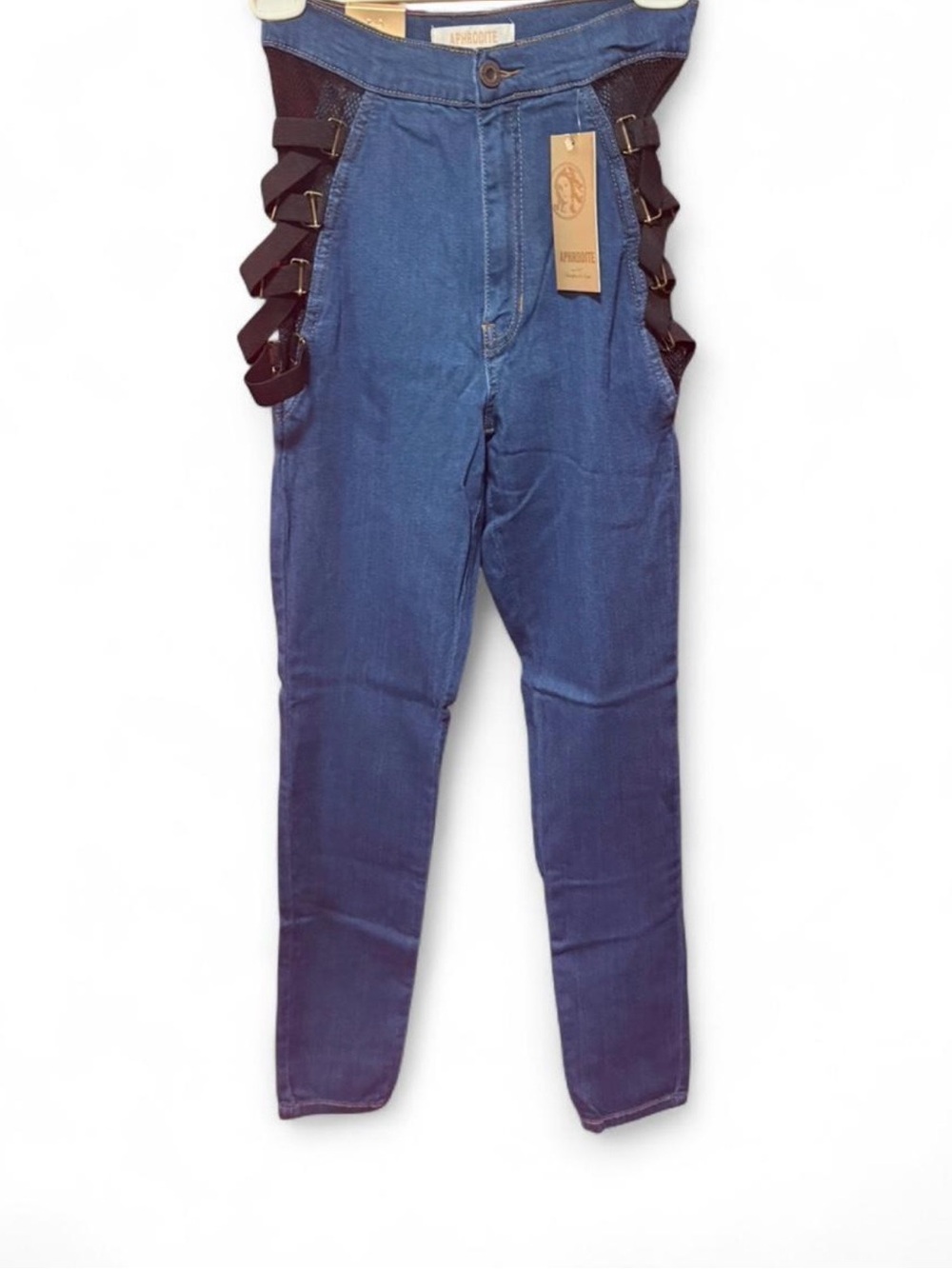 Aphrodite Blue Denim Jeans w/ distinct black mesh siding and straps size 5